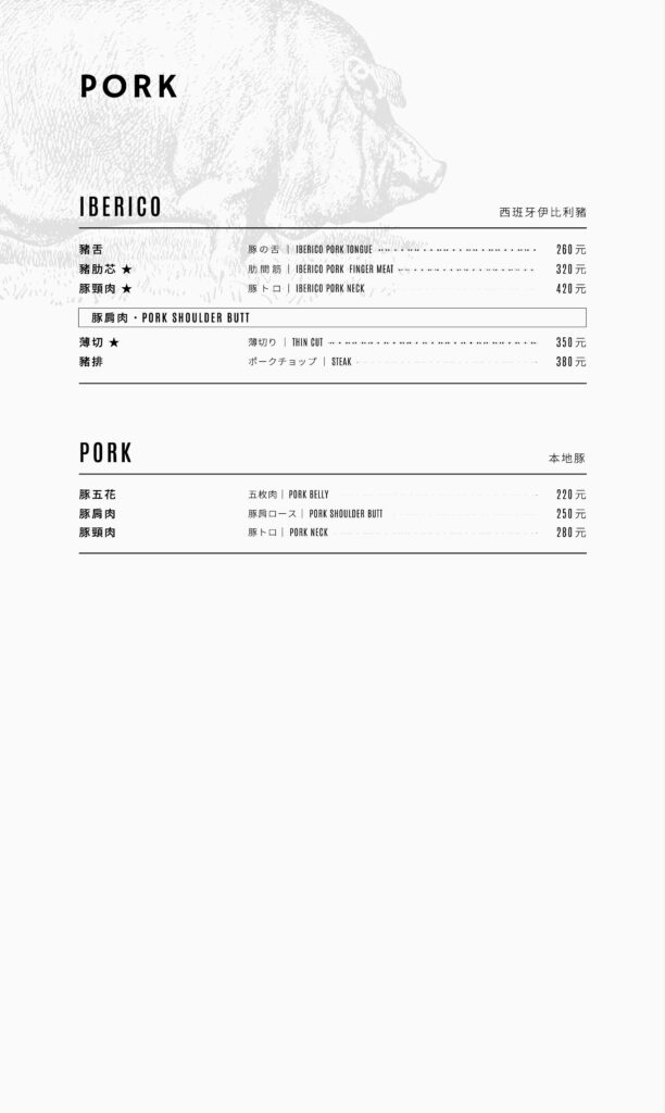 豬肉單點菜單-燒肉中山